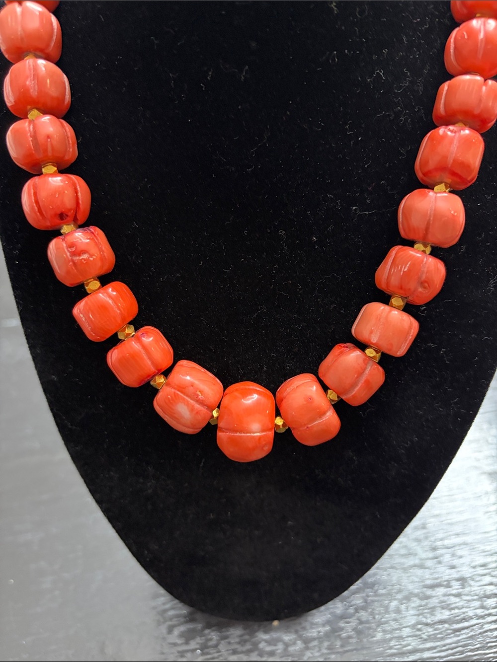 Vintage hand carved  pumpkin shaped coral Bead Statement Necklace